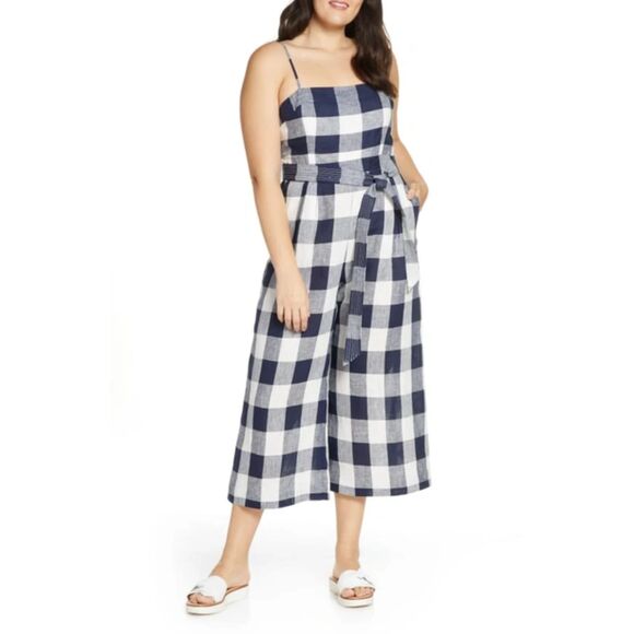 J.CREW Gingham Beauchamps Linen Spaghetti Strap Jumpsuit In Navy Ivory - Picture 1 of 8